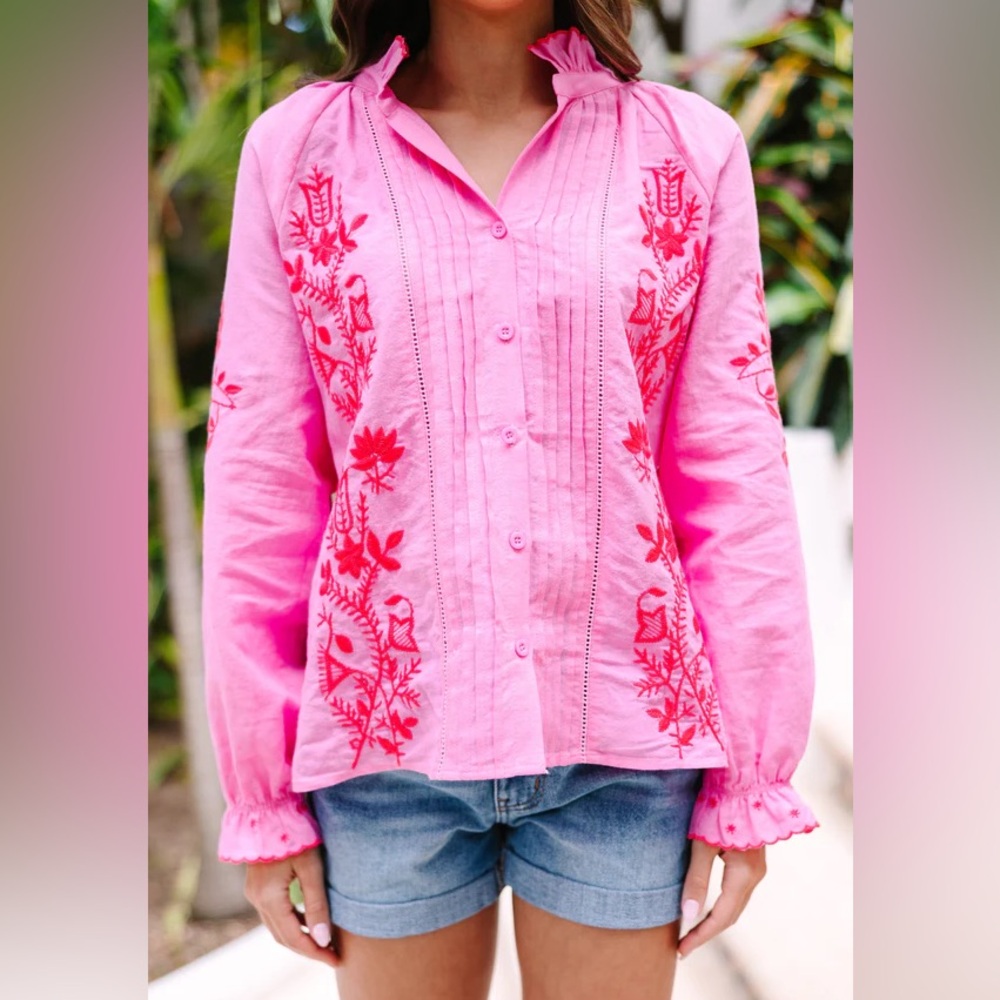 Fate Hot Pink Blouse with Red Embroidery